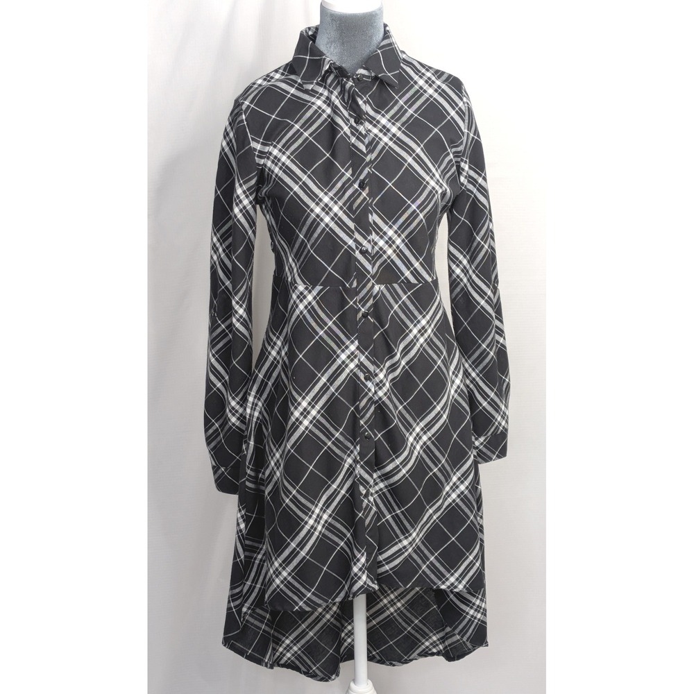 Love Notes Women's M Black White Plaid High Low Shirt Dress Roll Tab Button Down